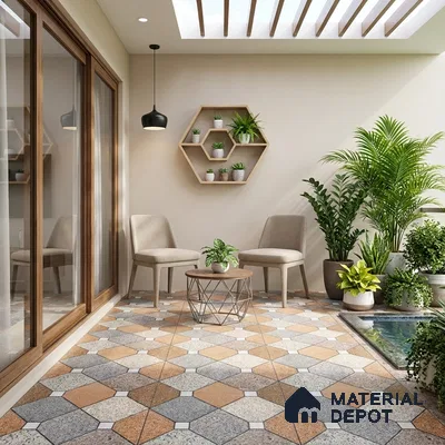 Modern balcony with geometric patterned floor tiles and wooden accents