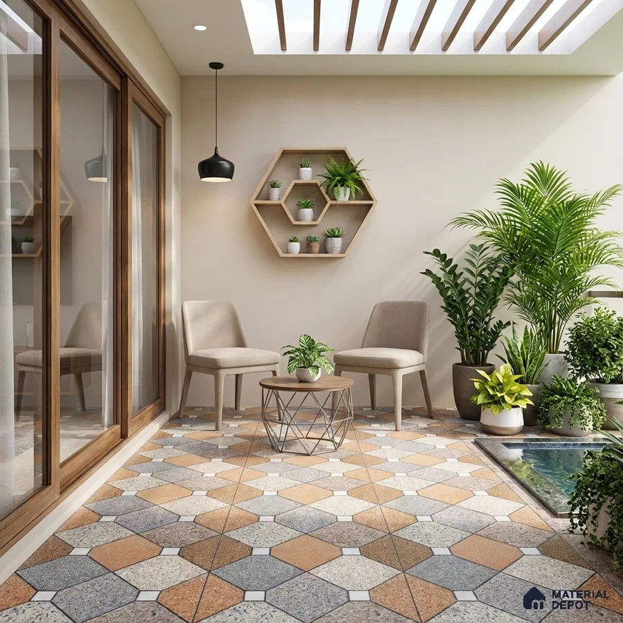 Modern balcony with geometric patterned floor tiles and wooden accents