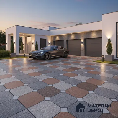 Modern parking with geometric octagonal floor tiles in grey and terracotta tones
