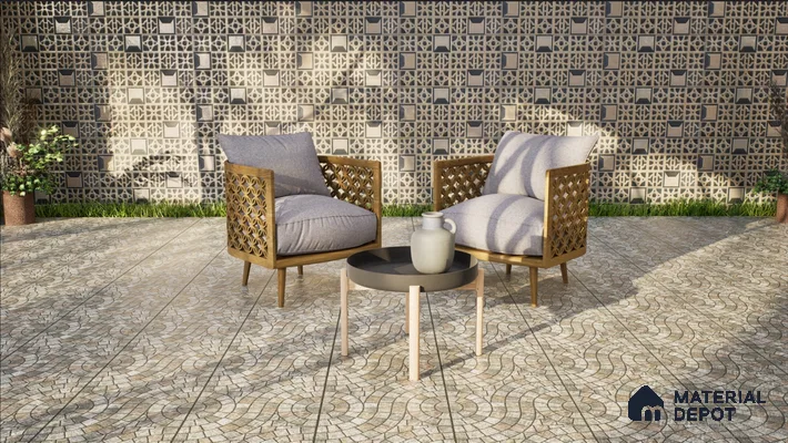 Serene Outdoor Patio with Decorative Tiles and Cozy Seating | Material Depot