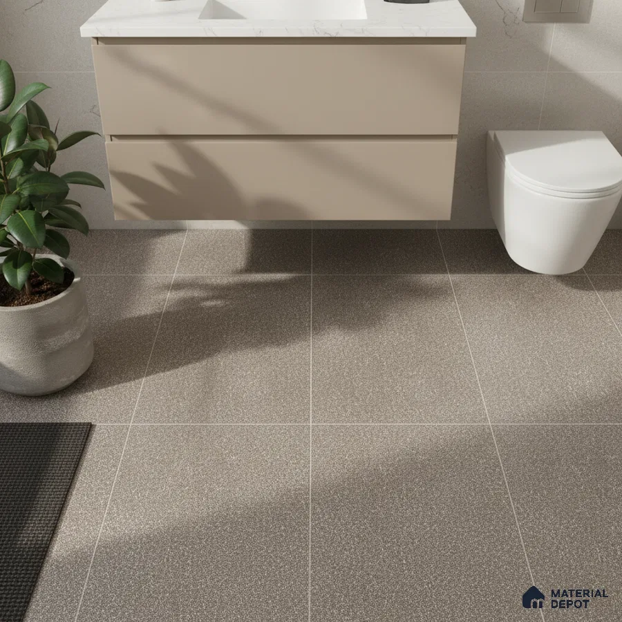 Minimalist bathroom with beige floating vanity, white marble countertop, and taupe terrazzo floor tiles