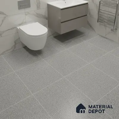 Modern bathroom with marble wall tiles and grey speckled anti-skid floor tiles