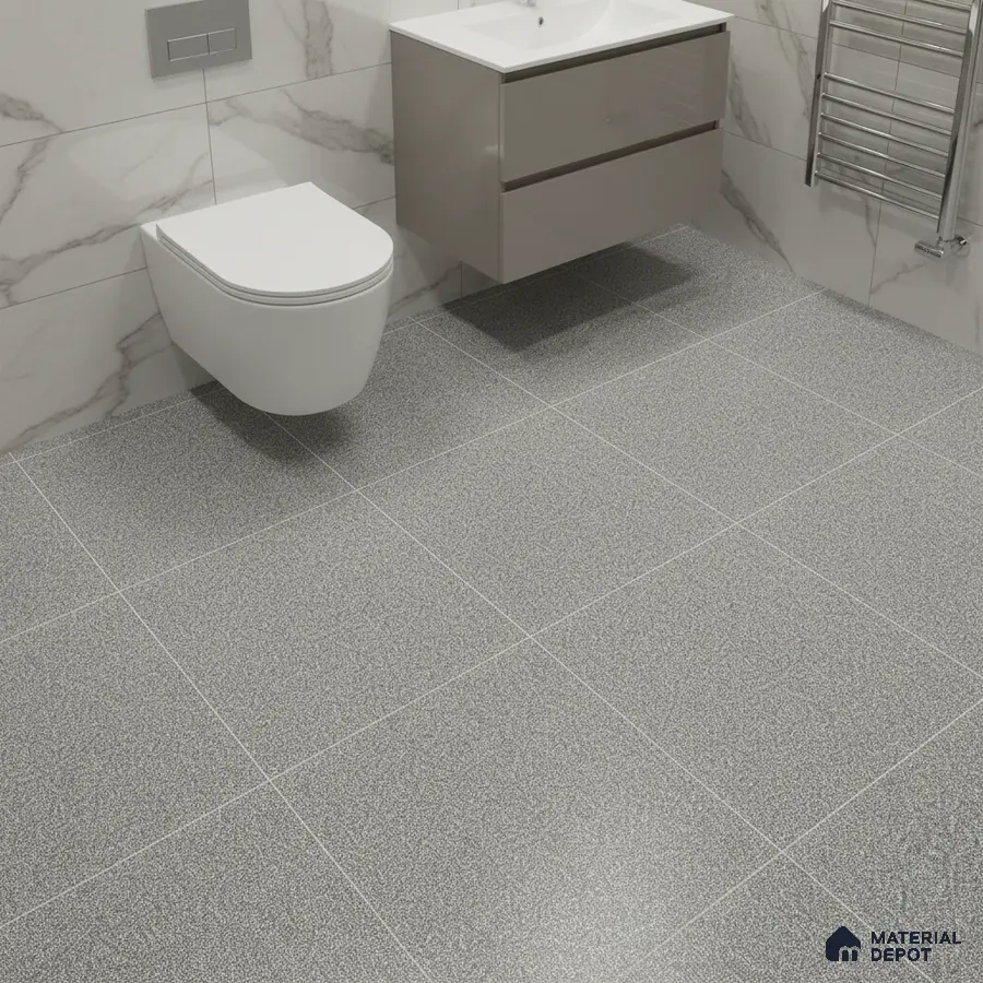 Modern bathroom with marble wall tiles and grey speckled anti-skid floor tiles