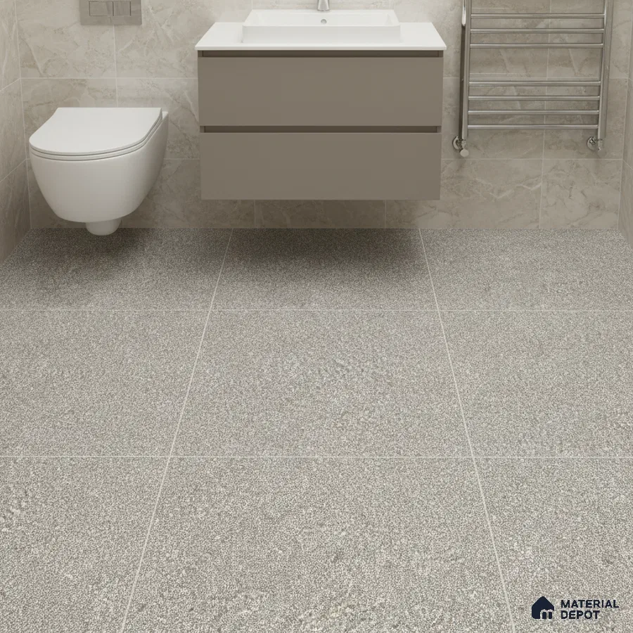 Modern bathroom with beige marble wall tiles and grey terrazzo floor tiles