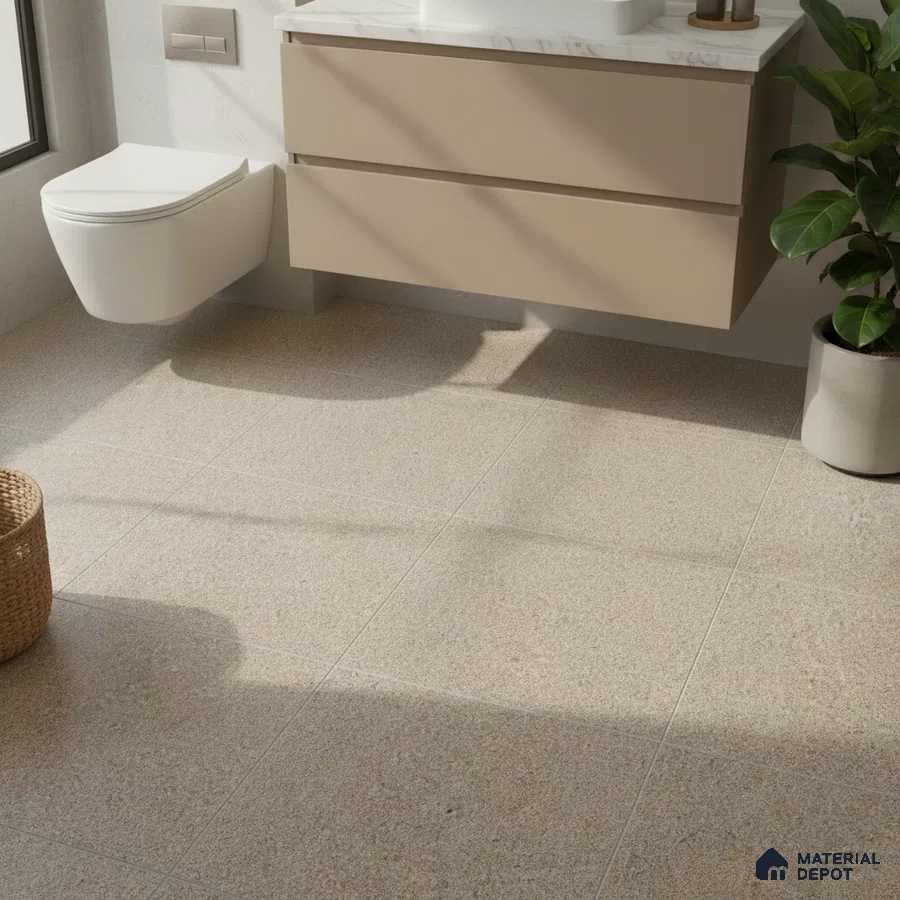 Minimalist bathroom with beige matte floor tiles and taupe floating vanity with white marble countertop
