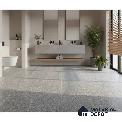 Minimalist bathroom with grey terrazzo floor tiles and floating concrete vanity