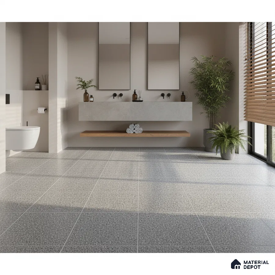 Minimalist bathroom with grey terrazzo floor tiles and floating concrete vanity