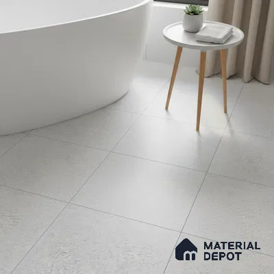 Minimalist bathroom with matte white bathtub and light grey textured floor tiles