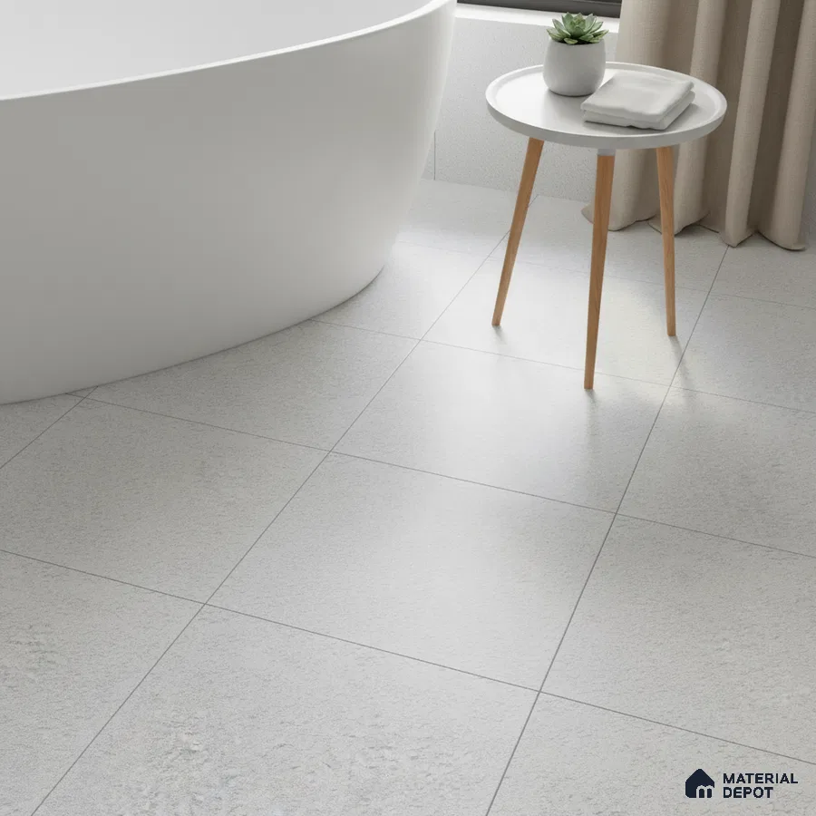 Minimalist bathroom with matte white bathtub and light grey textured floor tiles