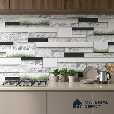 Modern kitchen with stone-look and grass accent backsplash tiles, beige quartz countertop, and taupe laminate cabinets