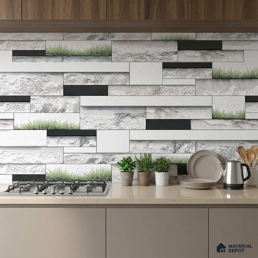 Modern kitchen with stone-look and grass accent backsplash tiles, beige quartz countertop, and taupe laminate cabinets