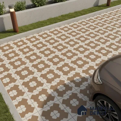 Modern parking with brown and white geometric patterned floor tiles