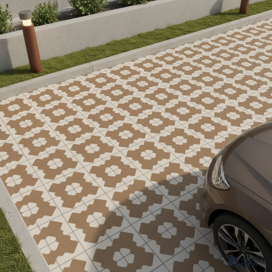 Modern parking with brown and white geometric patterned floor tiles
