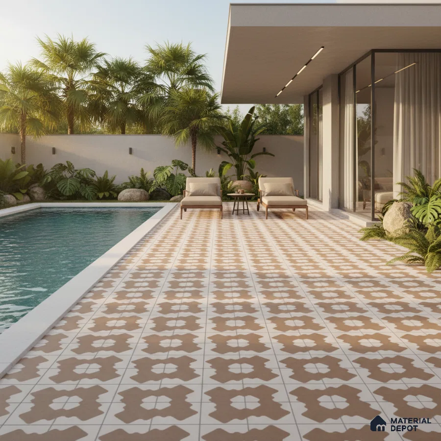 Modern outdoor poolside with geometric patterned terracotta and white floor tiles