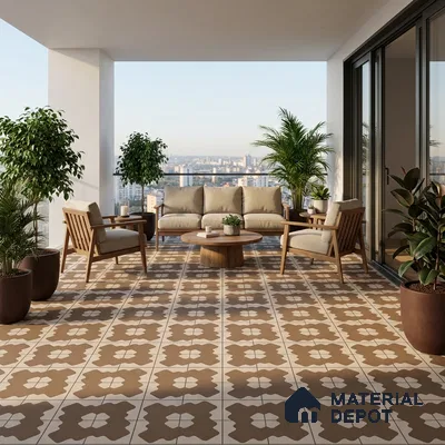 Modern balcony with beige and brown geometric patterned floor tiles and wooden outdoor furniture