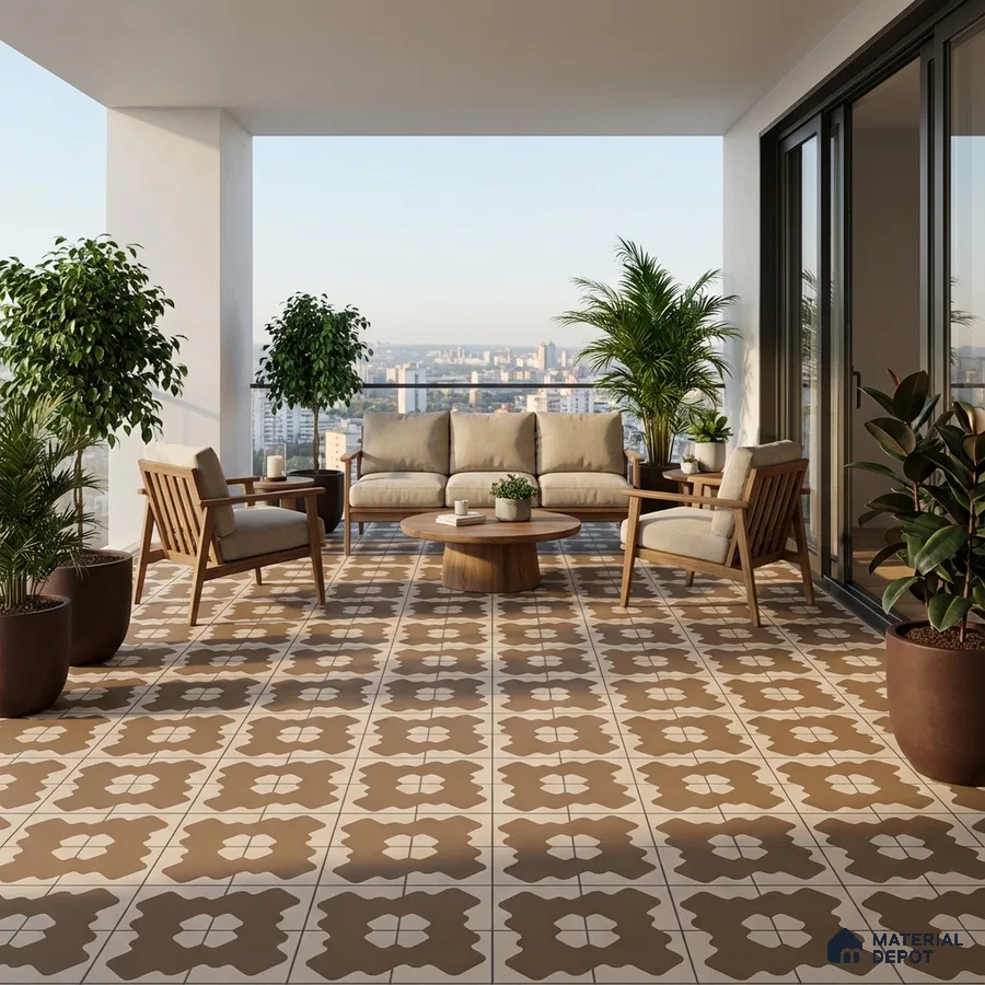 Modern balcony with beige and brown geometric patterned floor tiles and wooden outdoor furniture