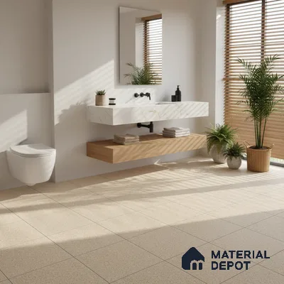 Minimalist bathroom with beige terrazzo floor tiles and white marble vanity