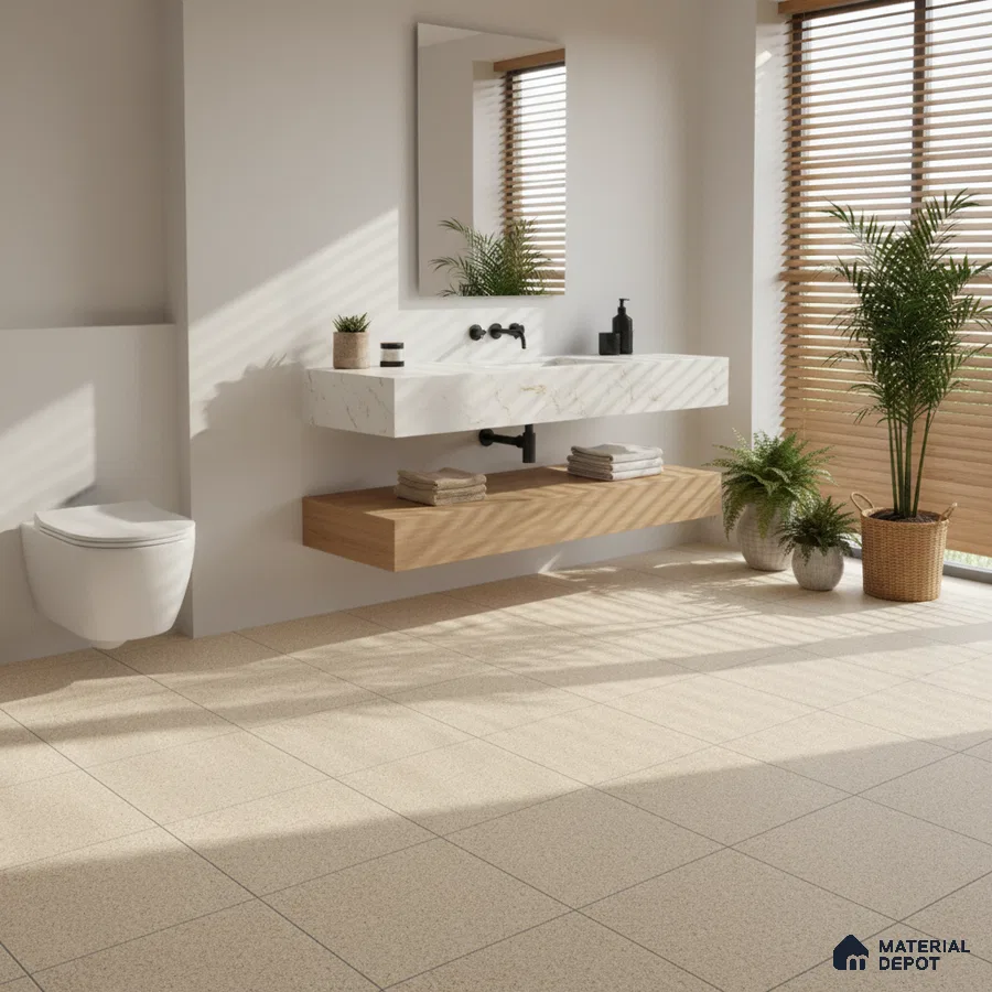 Minimalist bathroom with beige terrazzo floor tiles and white marble vanity
