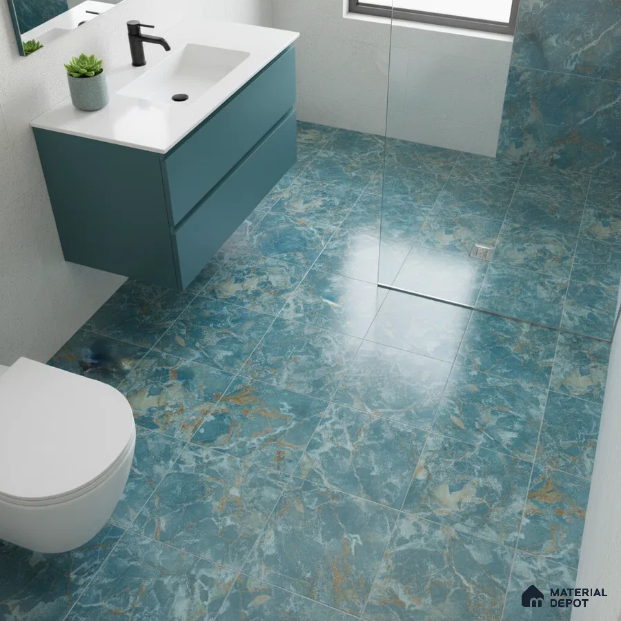 Modern bathroom with blue marble-look floor and wall tiles and teal floating vanity