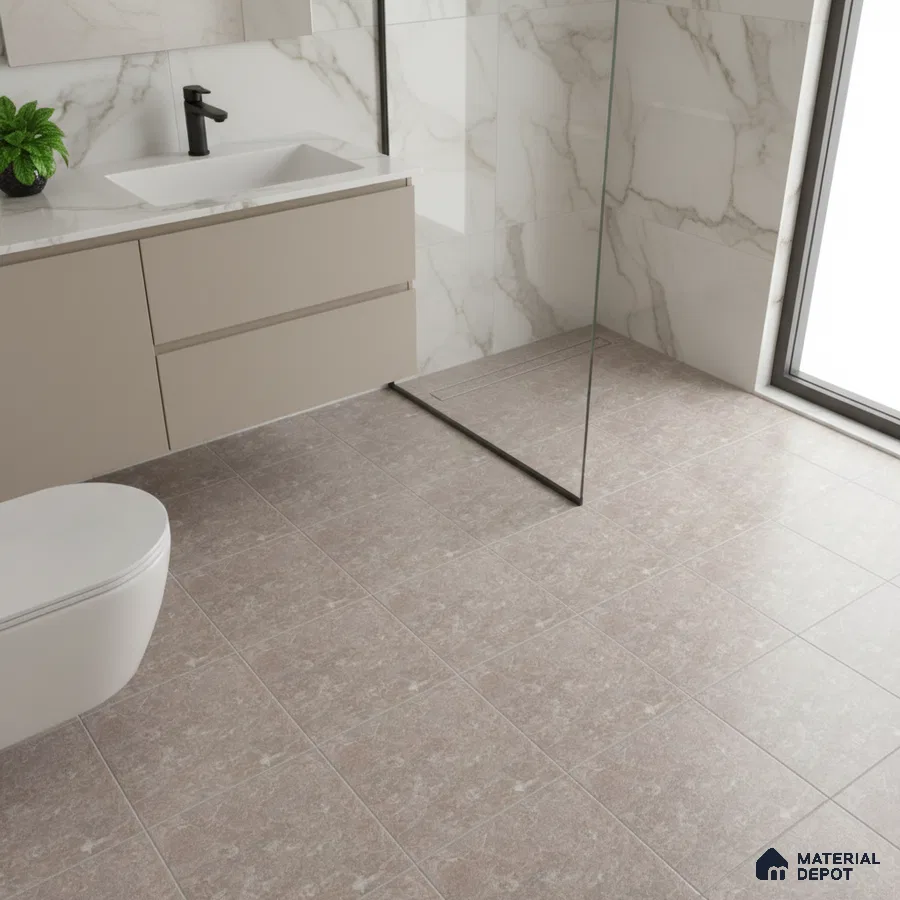 Modern bathroom with marble wall tiles, taupe floating vanity, and matte stone-look floor tiles