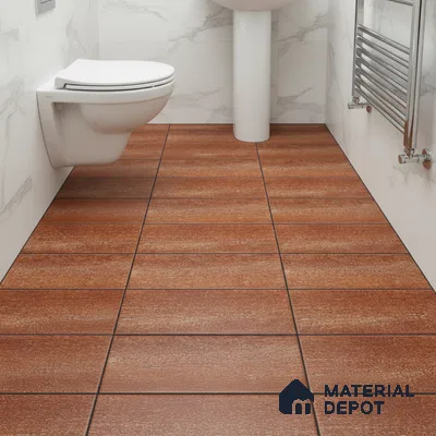 Modern bathroom with marble wall tiles and terracotta wood-look floor tiles