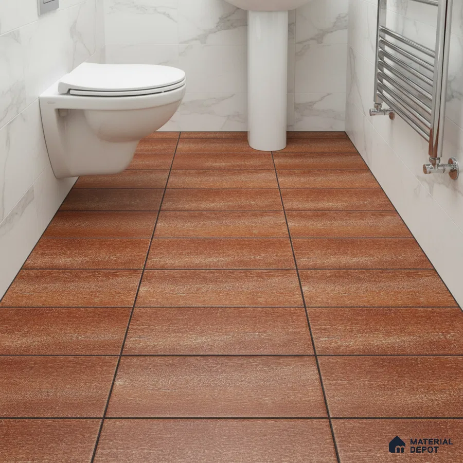 Modern bathroom with marble wall tiles and terracotta wood-look floor tiles