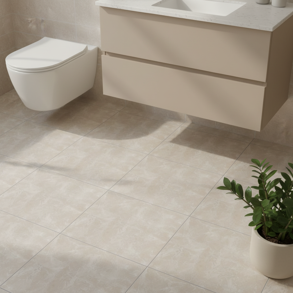 Minimalist bathroom with beige matte floor tiles and floating beige vanity