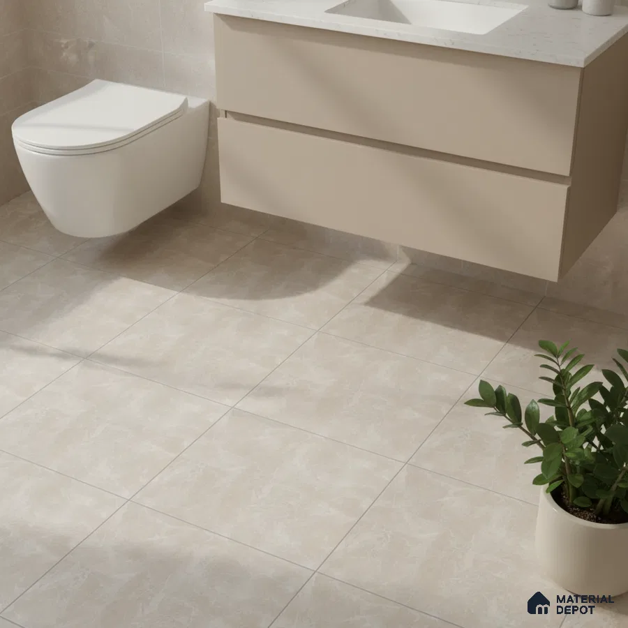 Minimalist bathroom with beige matte floor tiles and floating beige vanity