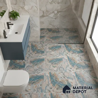 Modern bathroom with blue and beige marble-look floor tiles and white marble wall tiles