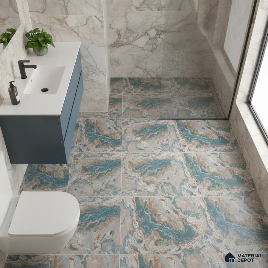 Modern bathroom with blue and beige marble-look floor tiles and white marble wall tiles
