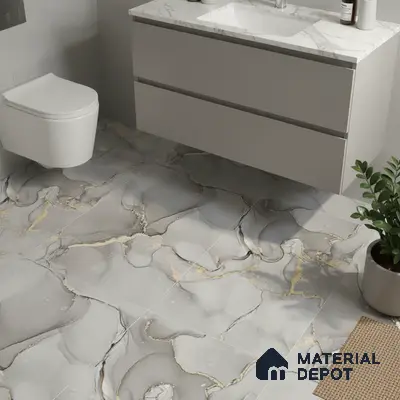Modern bathroom with grey marble-look floor tiles and white marble countertop vanity