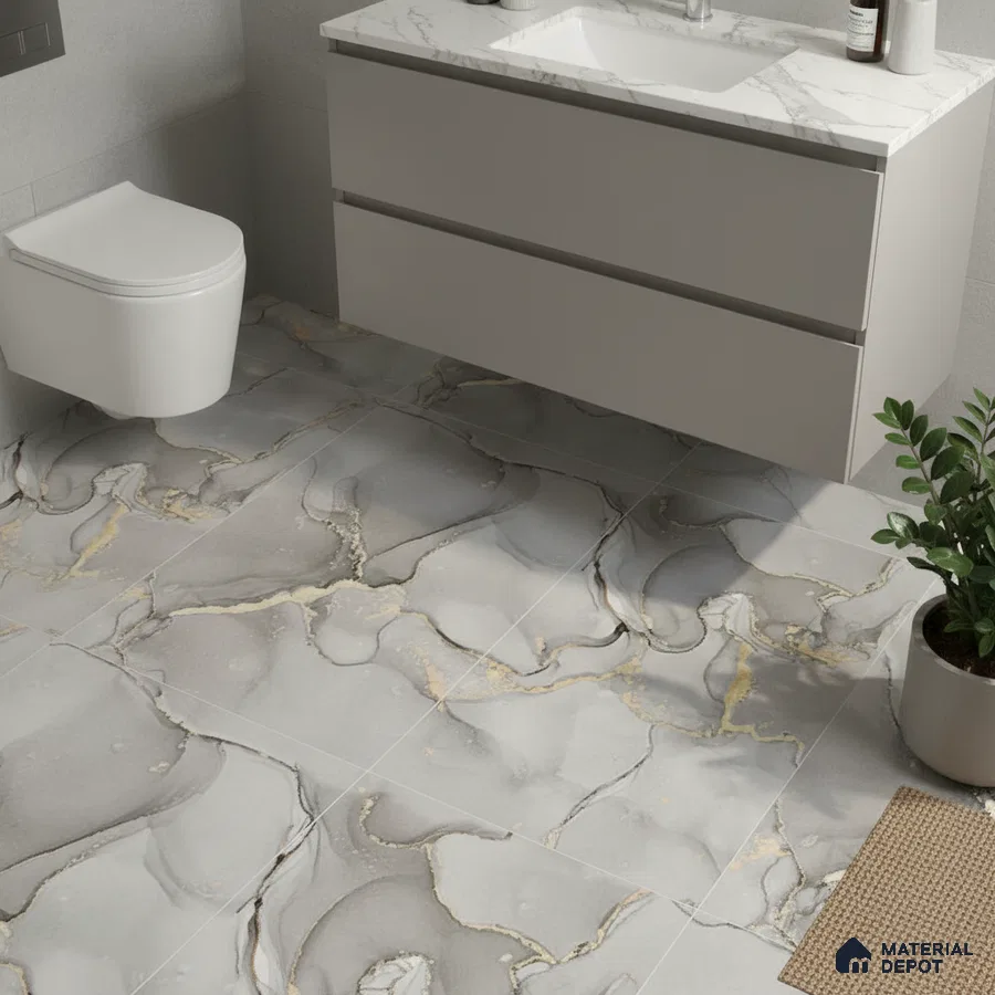 Modern bathroom with grey marble-look floor tiles and white marble countertop vanity