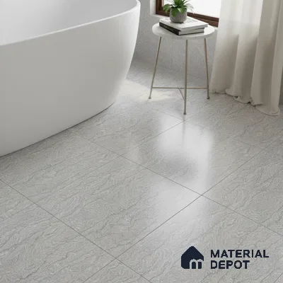 Minimalist bathroom with light grey stone-look floor tiles and freestanding tub