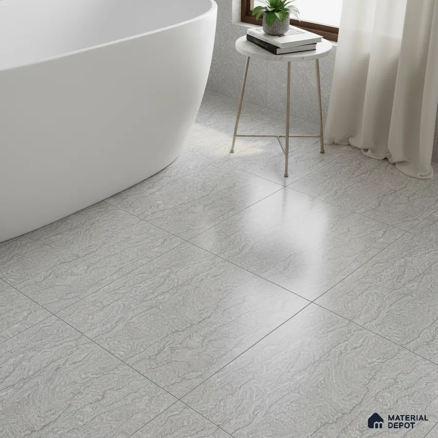 Minimalist bathroom with light grey stone-look floor tiles and freestanding tub