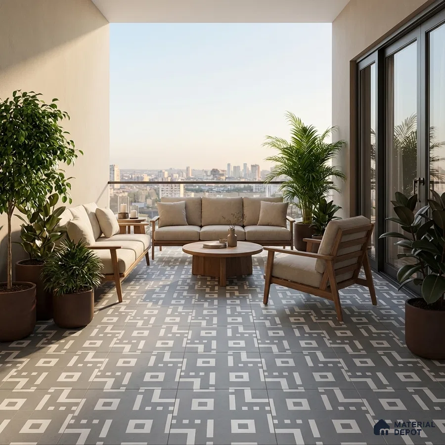 Scandinavian balcony with geometric patterned floor tiles and wooden outdoor furniture