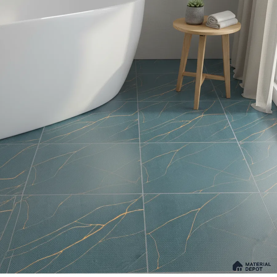 Modern bathroom with teal marble-look floor tiles and freestanding tub