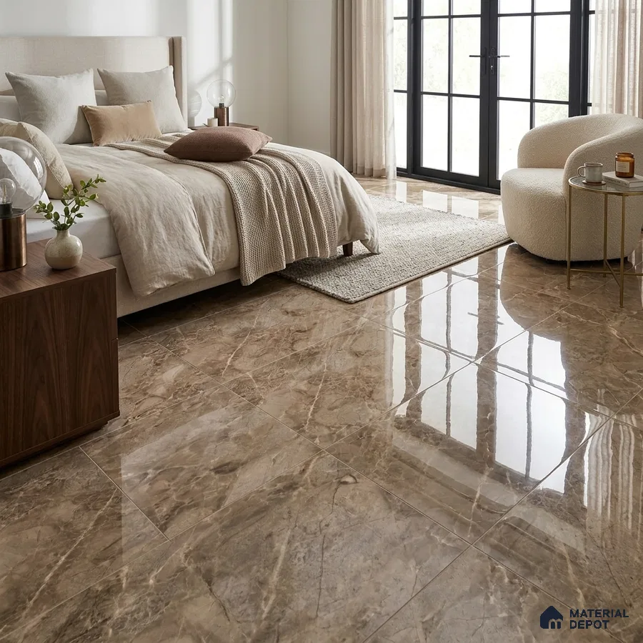 Modern Bedroom with Glossy Brown Marble-Look Floor Tile