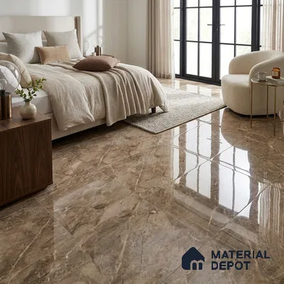 Modern Bedroom with Glossy Brown Marble-Look Floor Tile