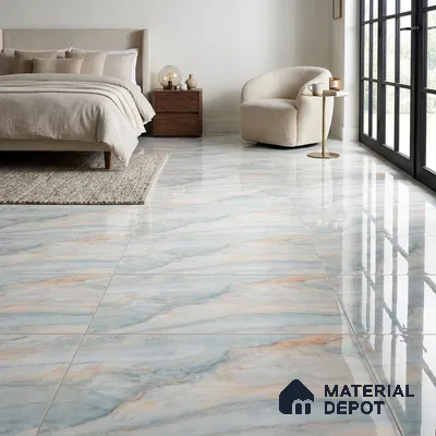 Modern Bedroom with Glossy Aqua Blue Onyx-Look Floor Tile