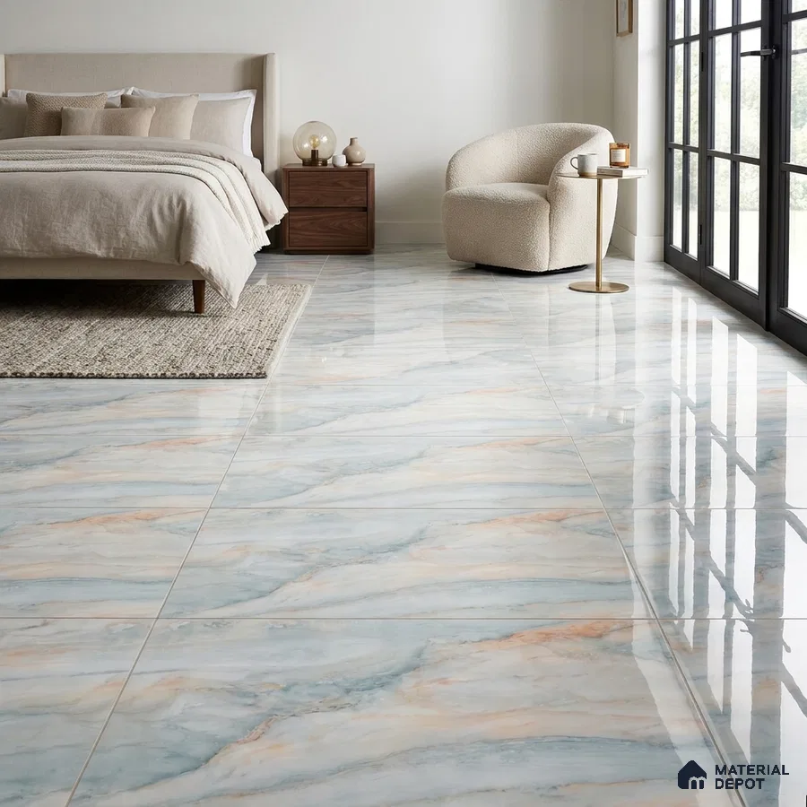Modern Bedroom with Glossy Aqua Blue Onyx-Look Floor Tile