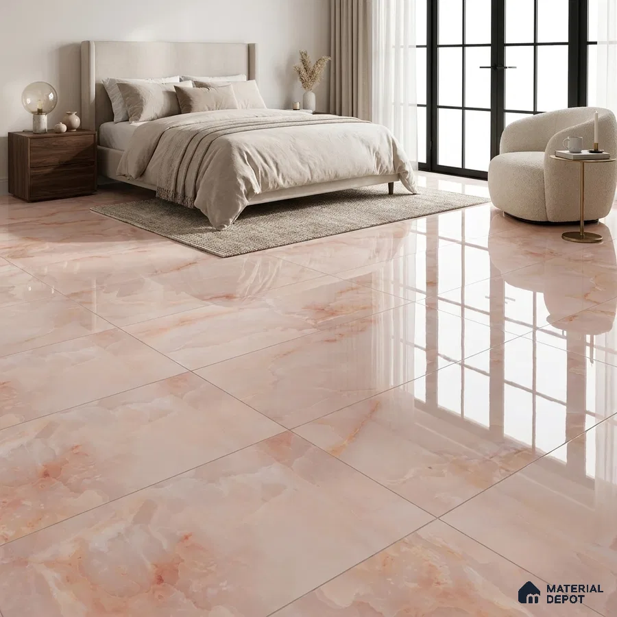Modern Bedroom with Glossy Blush Pink Onyx-Look Floor Tile