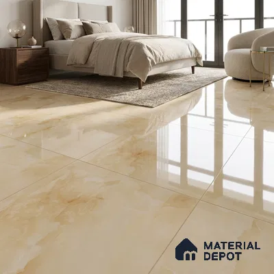 Modern Bedroom with Glossy Cream Onyx-Look Floor Tile