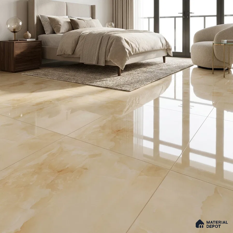Modern Bedroom with Glossy Cream Onyx-Look Floor Tile