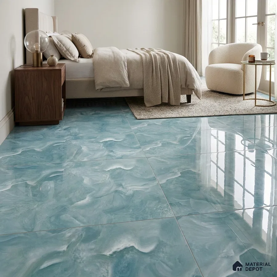 Modern Bedroom with Glossy Aqua Blue Marble-Look Floor Tile