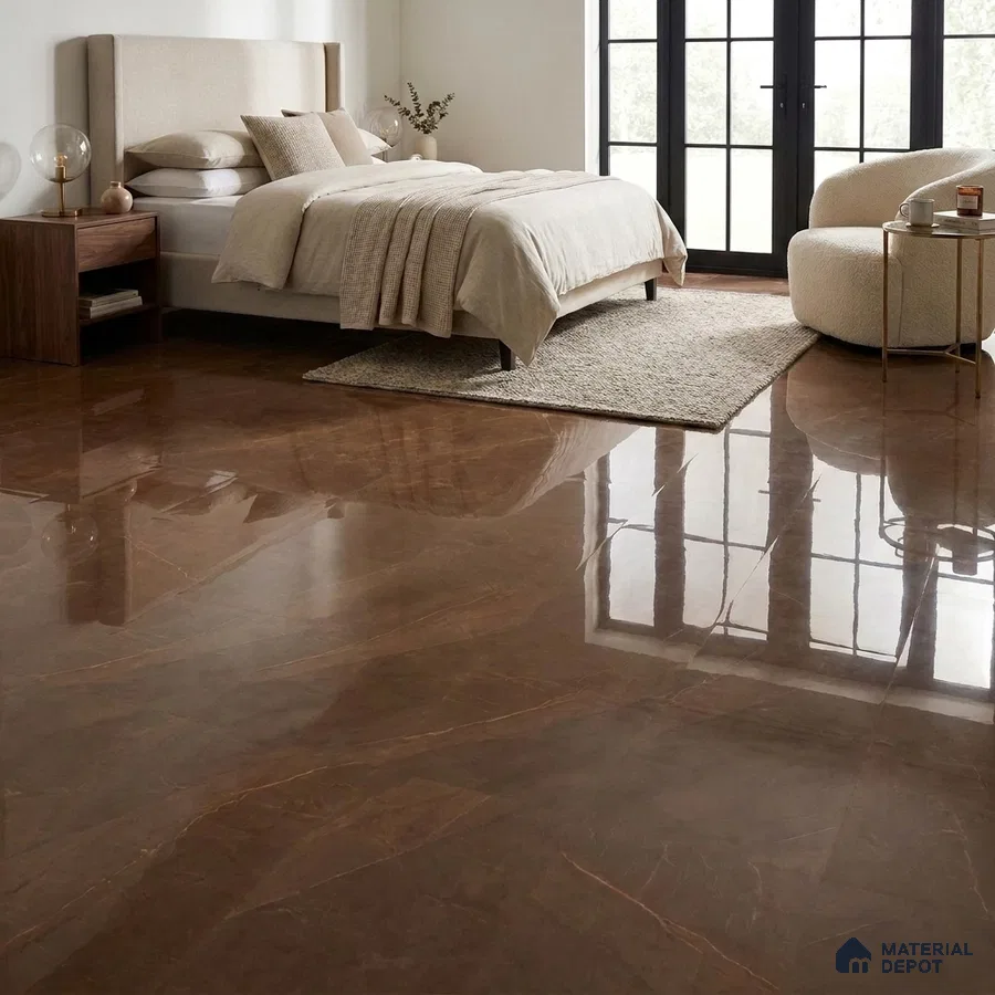 Modern Bedroom with High Gloss Dark Brown Marble-Look Floor Tile