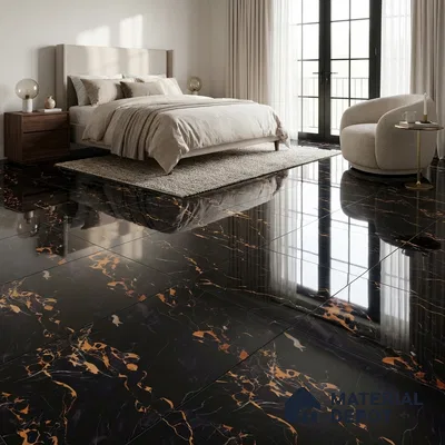Modern Bedroom with High Gloss Black Marble-Look Floor Tile and Gold Veins