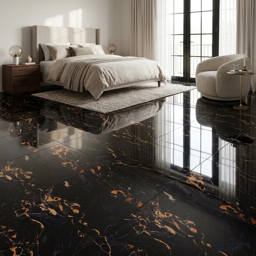 Modern Bedroom with High Gloss Black Marble-Look Floor Tile and Gold Veins