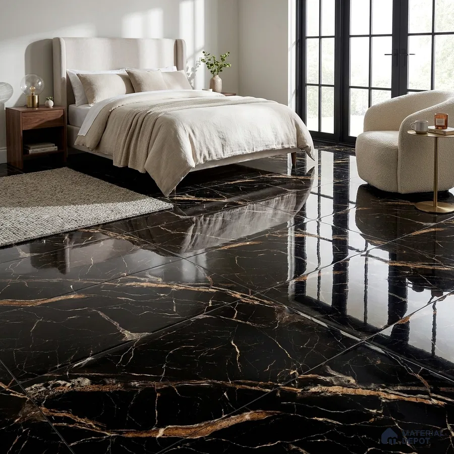 Modern Bedroom with High Gloss Black Marble-Look Floor Tile and Gold Veins
