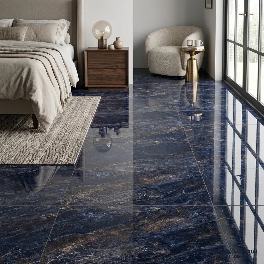 Modern Bedroom with High Gloss Deep Blue Marble-Look Floor Tile