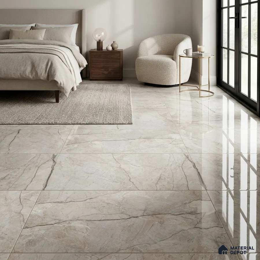 Modern Bedroom with Glossy Cream Beige Marble-Look Floor Tile